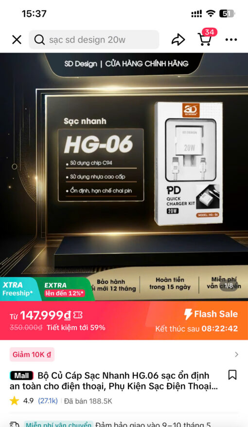 Bộ Củ Cáp Sạc Nhanh Iphone HG06 chính hãng SD DESIGN cho Iphone 7 - 14 - Hình ảnh 3