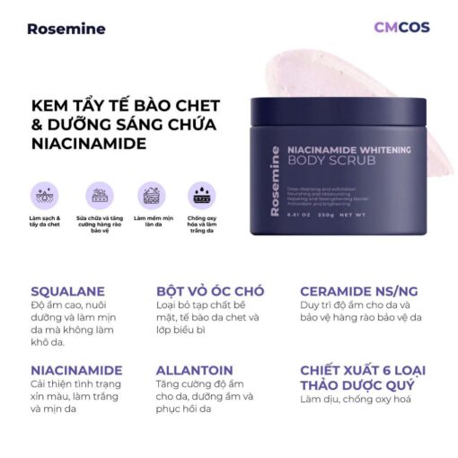 Kem tẩy tế bào chết body Rosemine dưỡng trắng da Niacinamide Whitening Body Scrub 250G N3358 - Hình ảnh 4