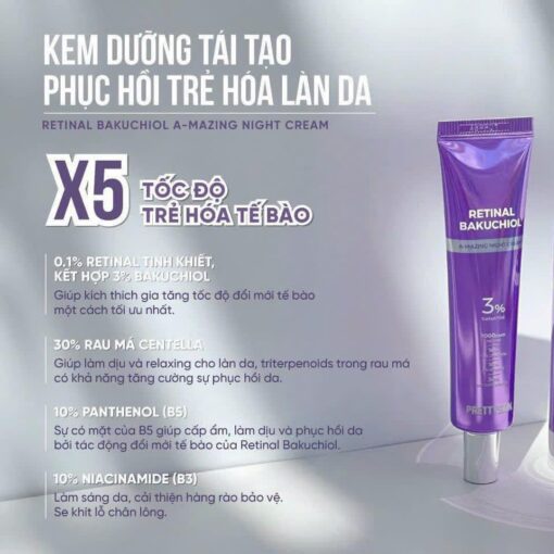 3 size Kem Dưỡng Tái Tạo, Phục Hồi, Trẻ Hòa Làn Da Prettyskin Retinal Bakuchiol Amazing Night Cream – 10ml - Hình ảnh 2