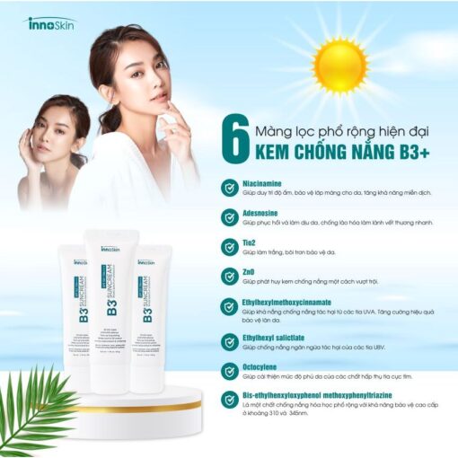 Kem Chống Nắng Hàn Quốc Phổ Rộng Innoskin B3 Suncream SPF50+ PA++++ 9 Màng Lọc, Nâng Tone, Dưỡng Trắng - Hình ảnh 4