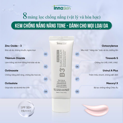 Kem Chống Nắng Hàn Quốc Phổ Rộng Innoskin B3 Suncream SPF50+ PA++++ 9 Màng Lọc, Nâng Tone, Dưỡng Trắng - Hình ảnh 11